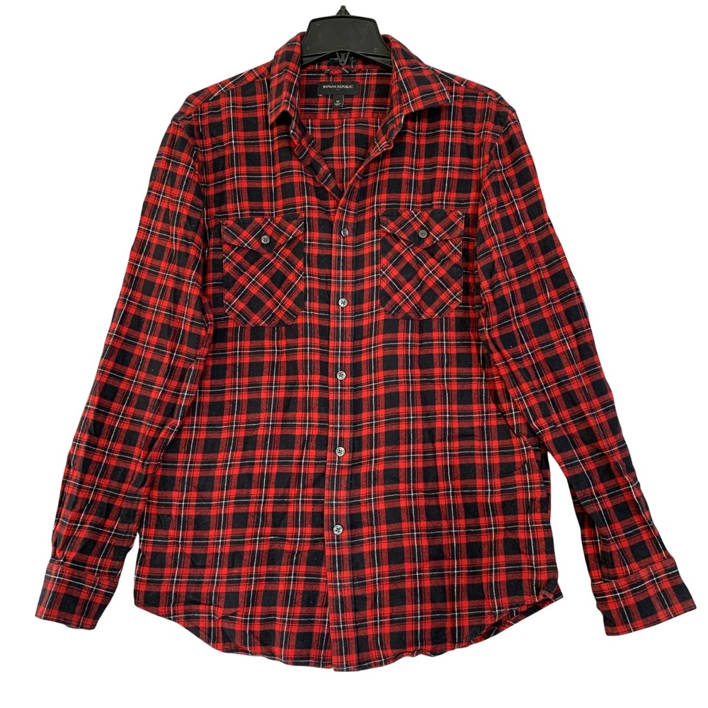 Banana Republic Men's M Red Black Standard Fit Flannel Shirt Plaid Cotton
